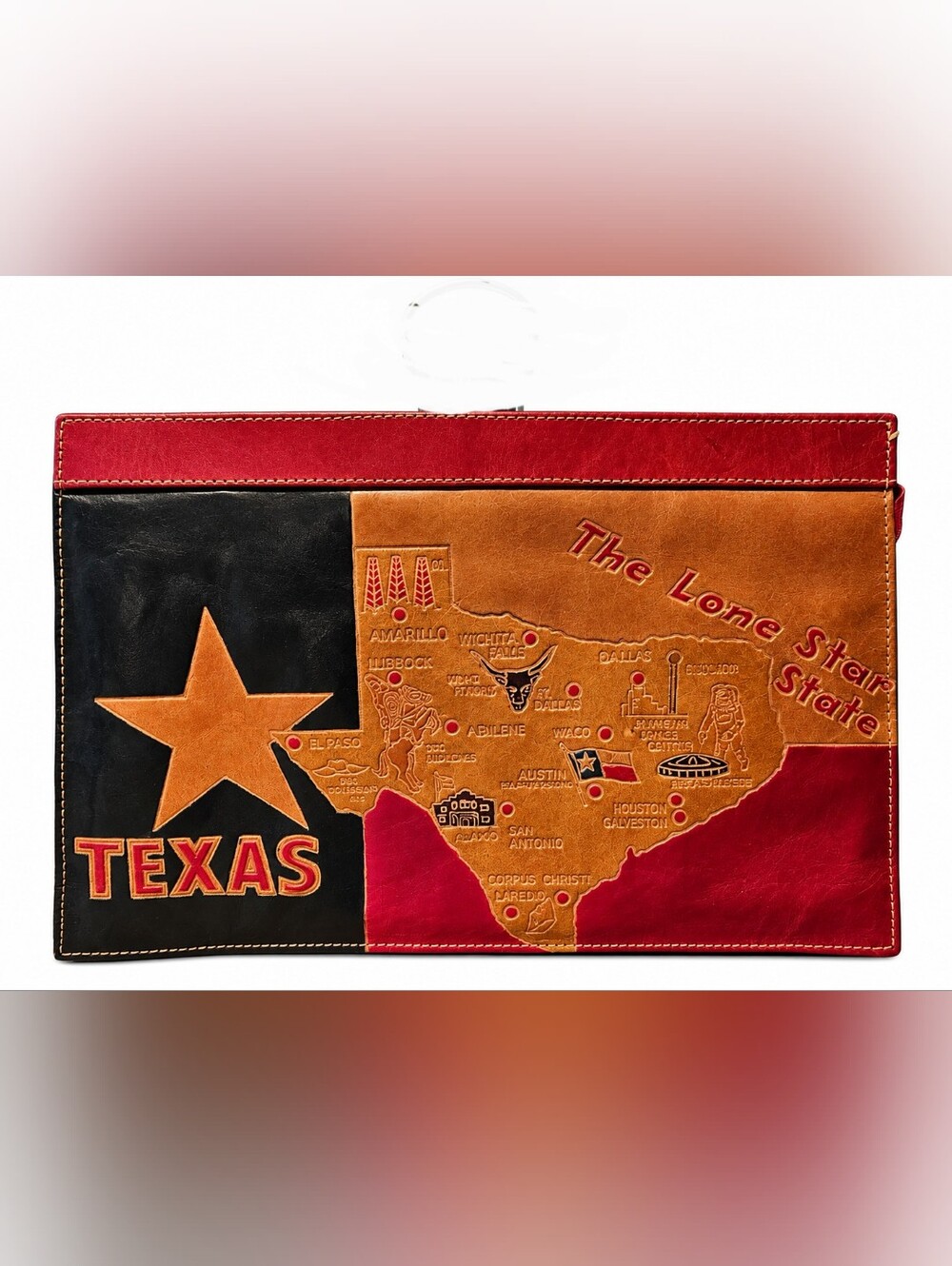 Texas Lone Star State Tooled Leather Clutch Purse Map Flag Western Southwestern